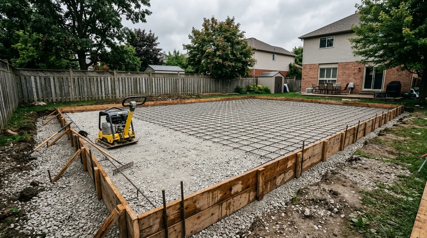 Compacted crushed limestone base and forms prepared for a backyard court slab
