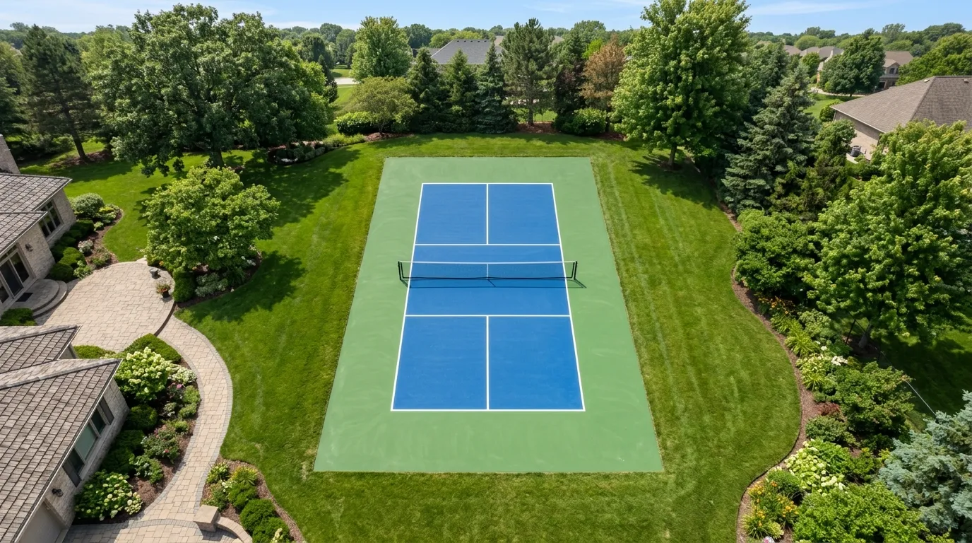 Overhead view of a regulation pickleball court with its 20 by 44 foot lines inside a 30 by 60 foot play area