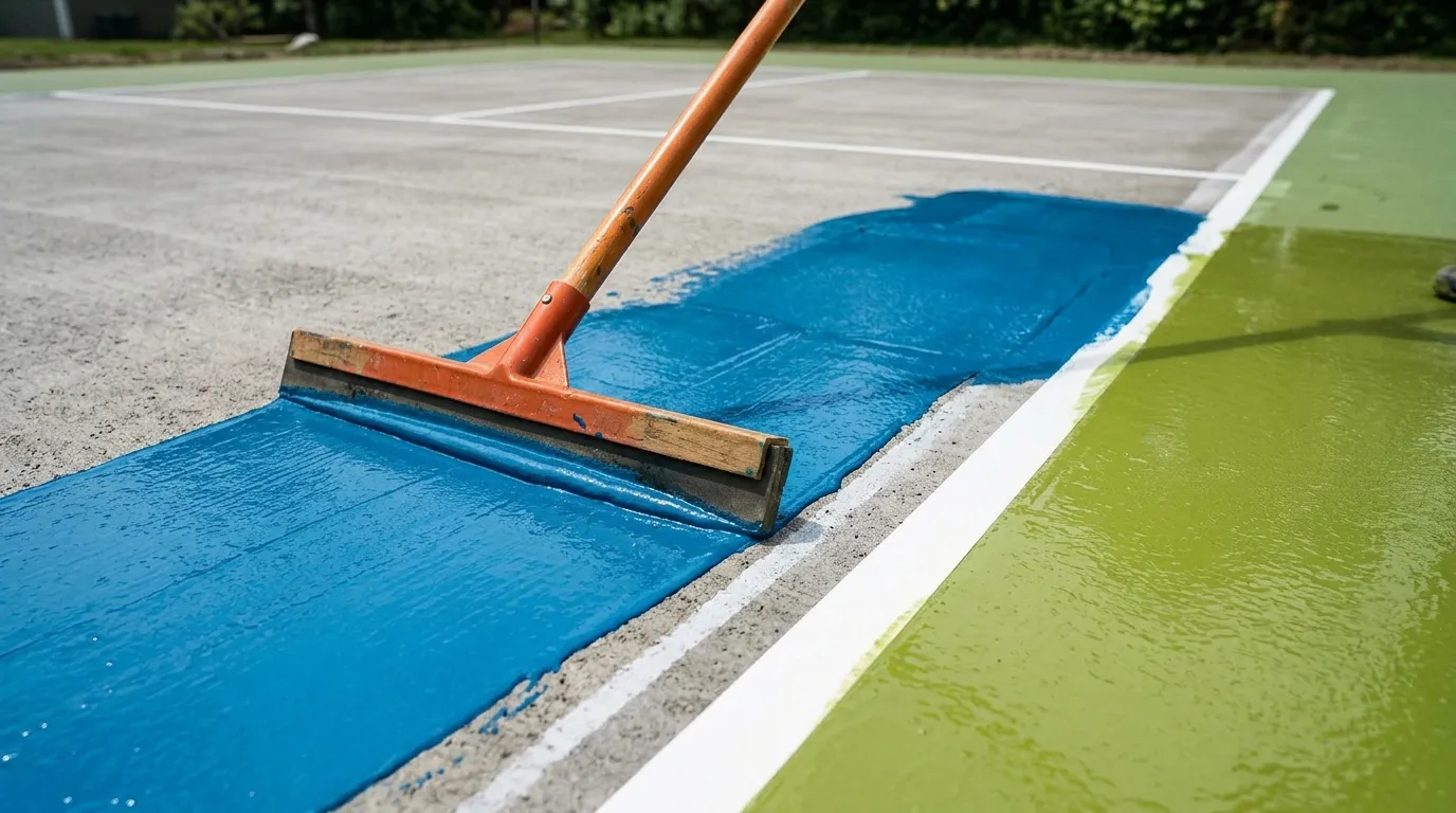 Acrylic sport surface being applied with regulation pickleball lines