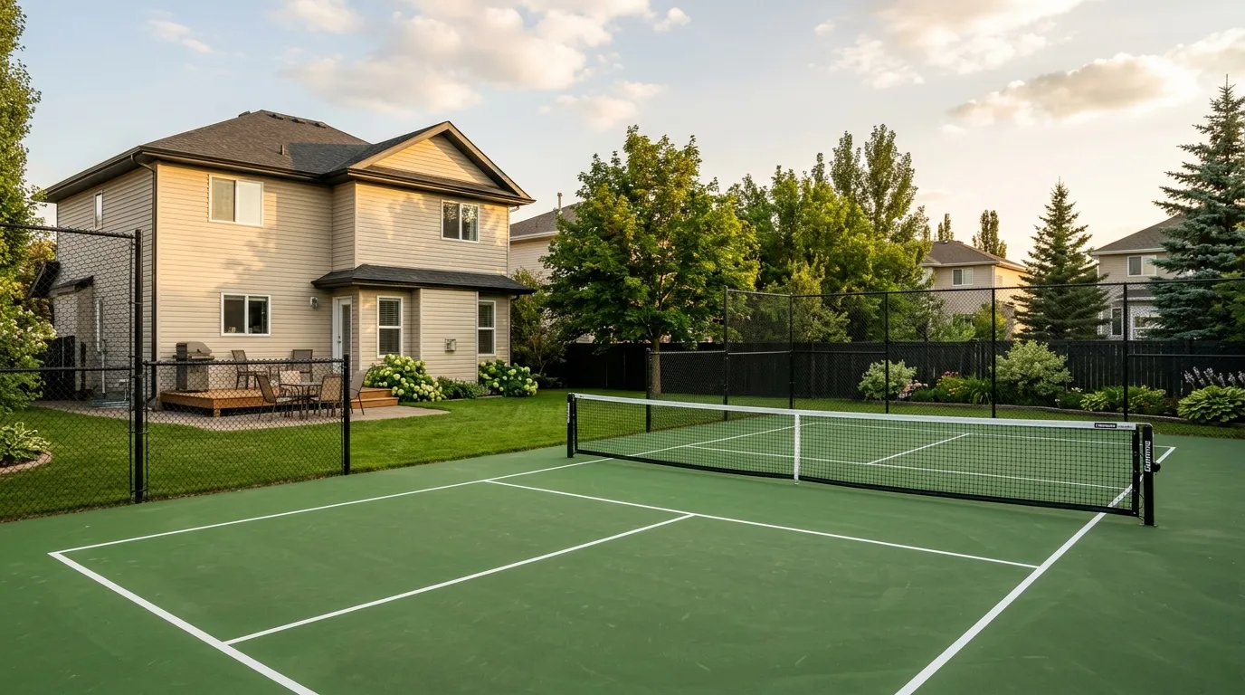 Backyard pickleball court with a green acrylic surface and white lines behind a the Winnipeg area home
